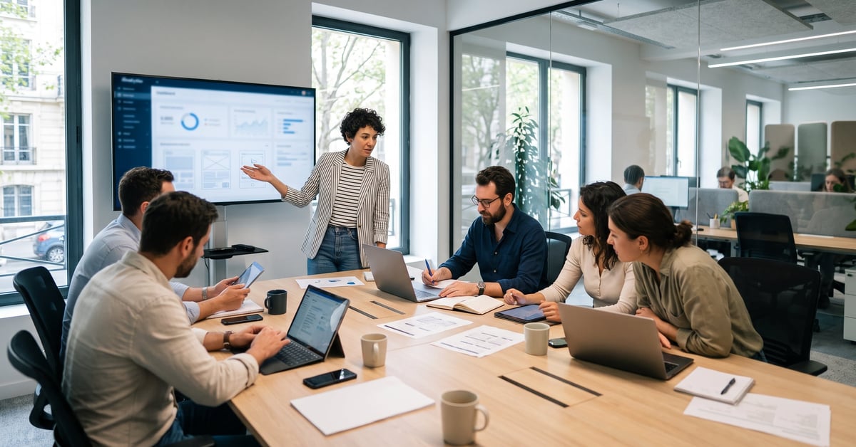 Équipe d'une agence de communication digitale en réunion stratégique autour d'outils numériques