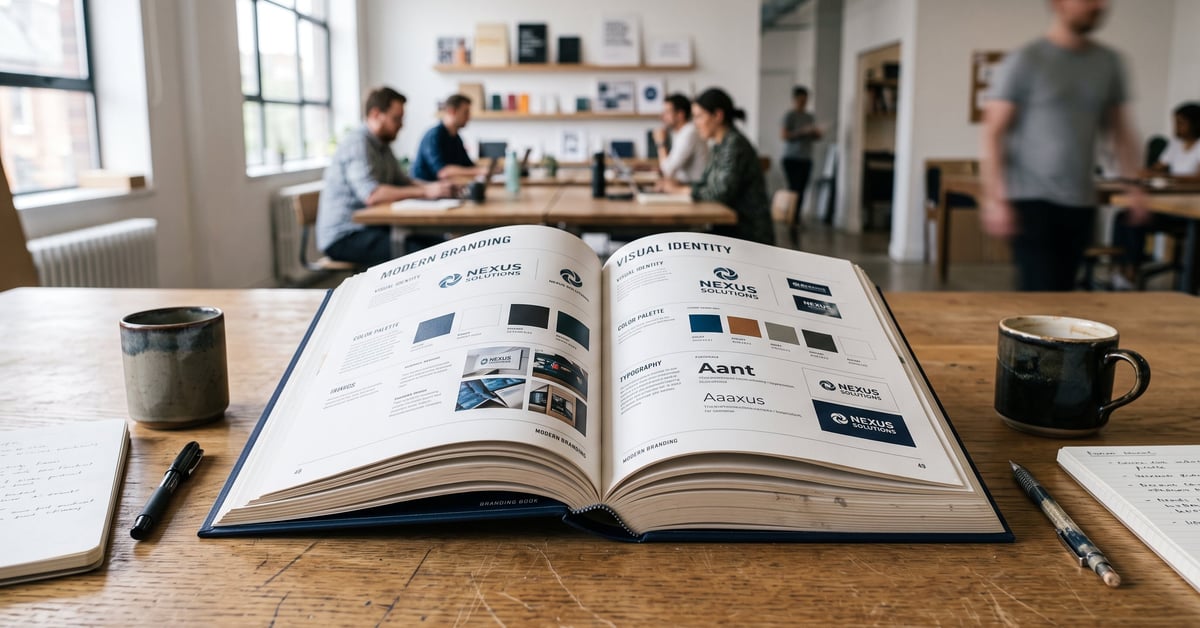 Branding book ouvert sur une table moderne, illustrant l'identité visuelle d'une marque