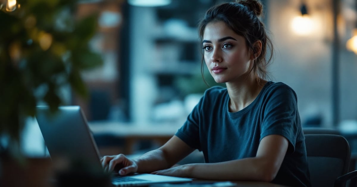 Chargée de communication digitale travaillant sur son ordinateur dans un bureau moderne