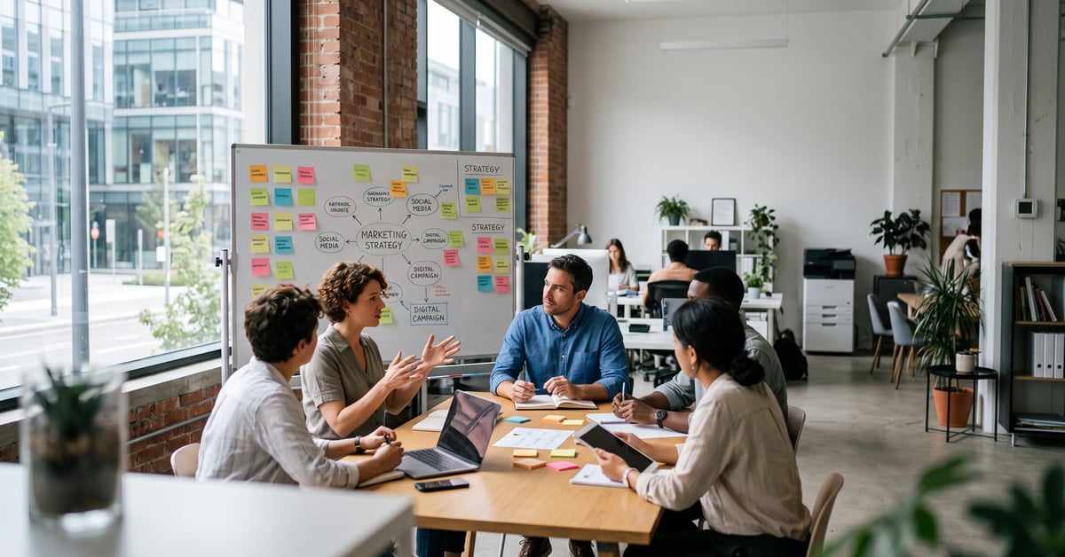 Équipe d'une entreprise de communication collaborant autour d'une table lors d'une réunion stratégique
