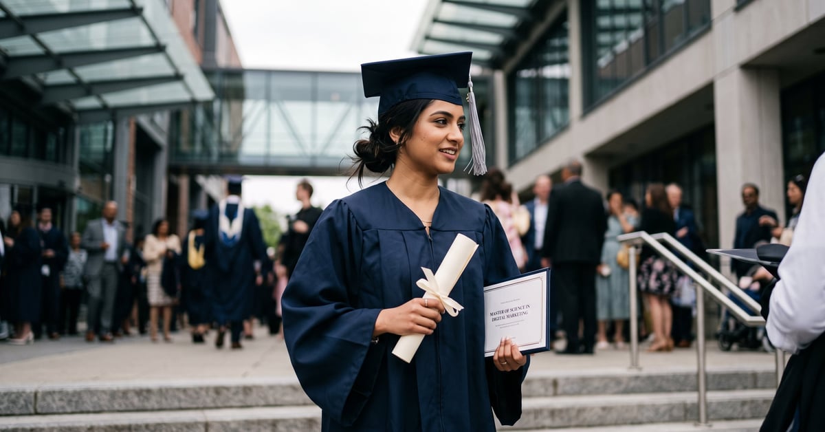 Étudiant en master marketing digital travaillant sur une stratégie numérique avec ordinateur et données analytiques