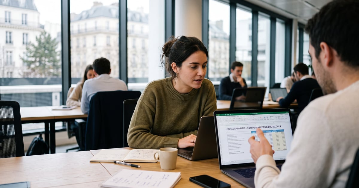 Professionnel du marketing digital analysant des données salariales sur un bureau moderne