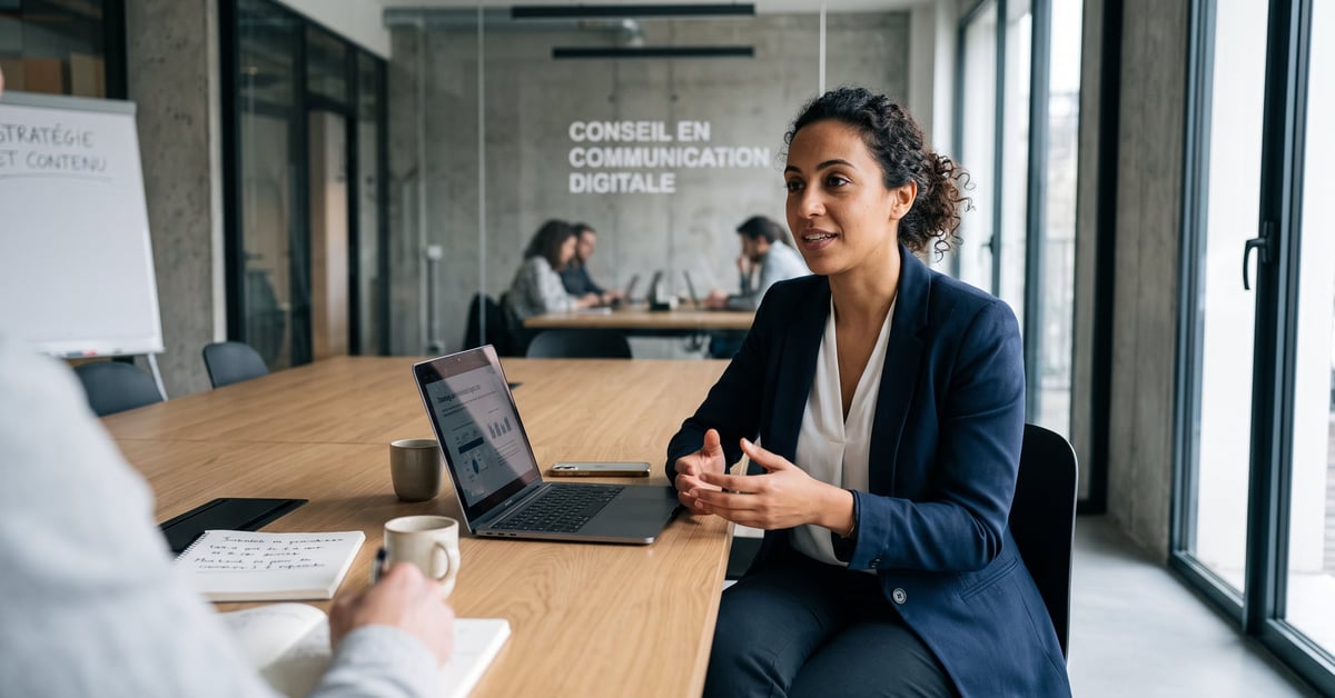 Consultant en communication digitale analysant une stratégie numérique sur ordinateur en réunion professionnelle